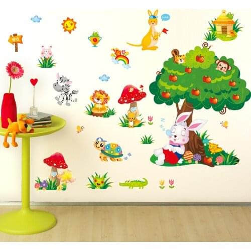 [shijuekongjian] Turtle Rabbit Tree Wall Stickers DIY Cartoon Animals Wall Decals for Nursery Baby Bedroom Kids Room Decoration