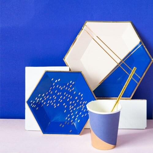 Blue Series Gold Blocking Disposable Tableware Party Paper Plates Napkins Cups Straws Kids Birthday Party Wedding Decor Supplies