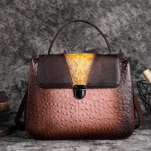 Retro Head Layer Cowhide Handbag Ostrich Grain Big Capacity New Brand Handmade Large Capacity Cowhide Leisure Chic Shoulder Bags