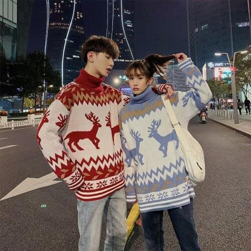 Womens Christmas Oversized Sweaters Reindeer Snowflake Print Half High Neck Pullover Tops Loose Knitted Jumper