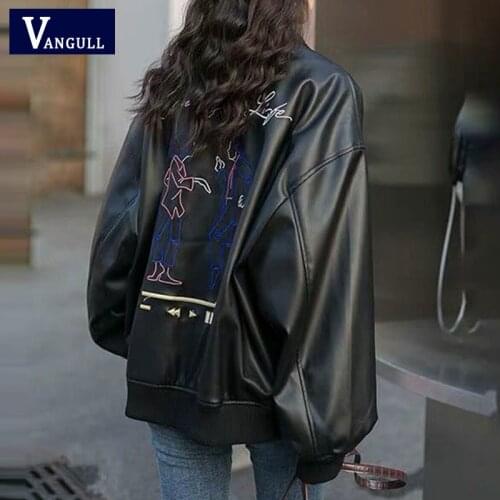 Vangull Fashion Embroidery Leather Jacket Women Spring Motorcycle Faux Leather Outwear Female Loose Biker PU Coat Streetwear