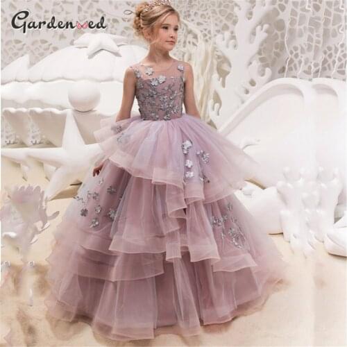 Vintage Autumn Tulle Layers Flower Girl Dresses Flower Emboridery Girl Wedding Dress Floor Length Little Bride Dresses Communion