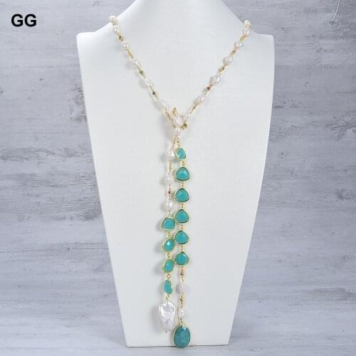 GuaiGuai Jewelry Cultured White Freshwater Pearl Blue Crystal Bezel Long Sweater Chain Necklace Amazonite Keshi Pearl Charm