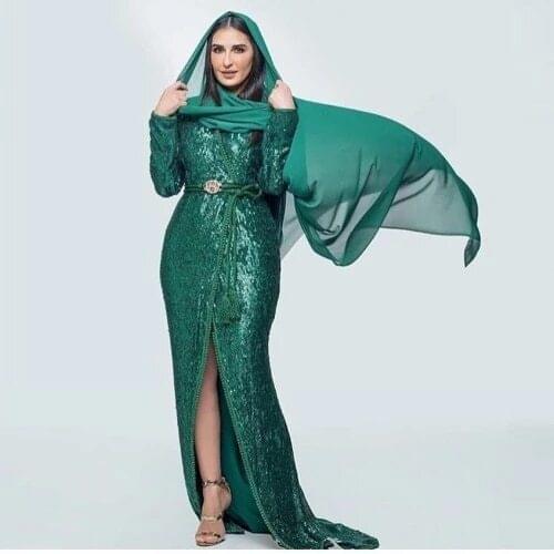 Green Moroccan Kaftan Caftan Muslim Evening Dresses Sheath Long Sleeves Sequins Dubai Arabic Turkey Abaya Islamic Evening Gown