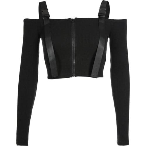 Gothic Tops Sexy Slash Neck High Street Women T-shirt Long sleeves Slim Backless Patchwork Zipper Girl Top Black T-shirts