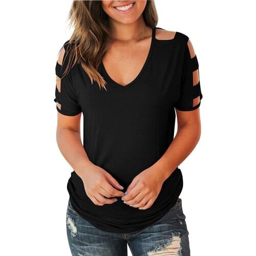 Womens Short Sleeve Tshirt Hollow Out Cold Summer Shoulder Tops Fashion Deep V Neck T Shirts Ropa Mujer Verano 2021#PY