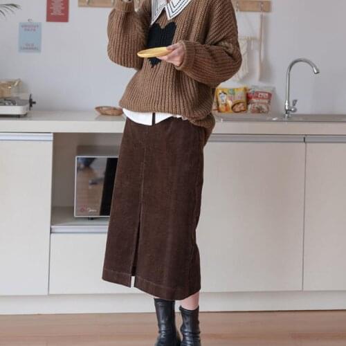 Hstar Women Autumn Shirt Corduroy Skirt 2PCS Set Cute Peter-Pan Collar Plaid Women Blouse Coffee Black Split Midi Skirt Sets