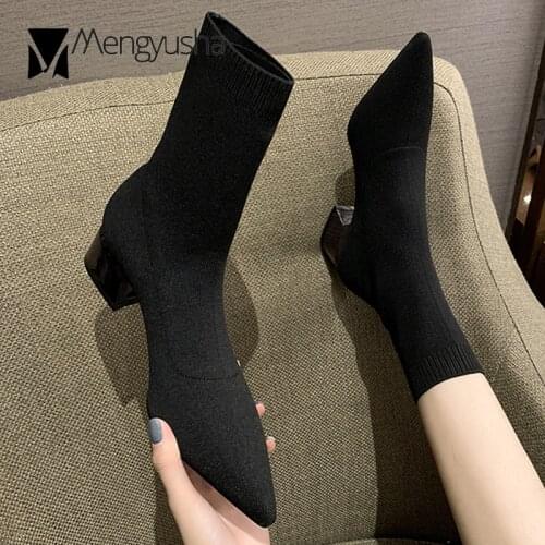 Pointed toe weave chelsea boots women silver heels slim stretch mid-calf botines fashion thick med high heels knitted sock botas