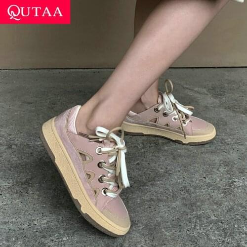 QUTAA 2021 Microfiber Mixed Color Lace Up Spring Autumn Female Sneakers Round Toe Wedge Heel Casual Basic Women Shoes Size 35-39