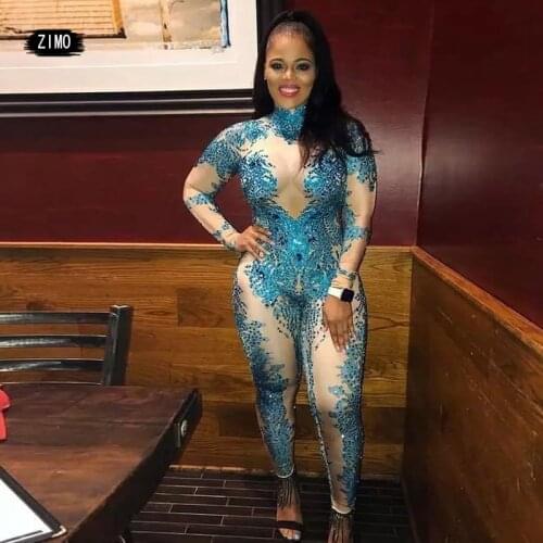 Women Sexy rhinestones Jumpsuit women red Blue print Big Crystals Bodysuit DJ Night club Party birthday Dancer Singer Stage Wear