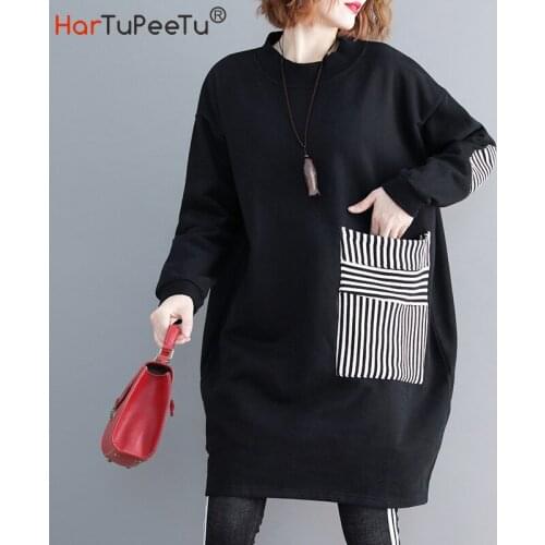 Winter Female Hoodie Dress Oversize Loose Casual Warm Thick Korean Long Sweatshirt Patch Striped Pocket Black Cotton Basic Tops