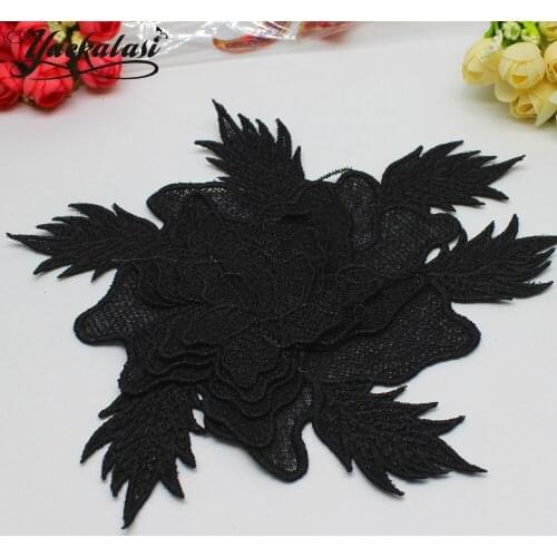 Black 3D Flower Appliqued Heavy Embroidered Patches black and gold Sewing Trimns 20*21cm