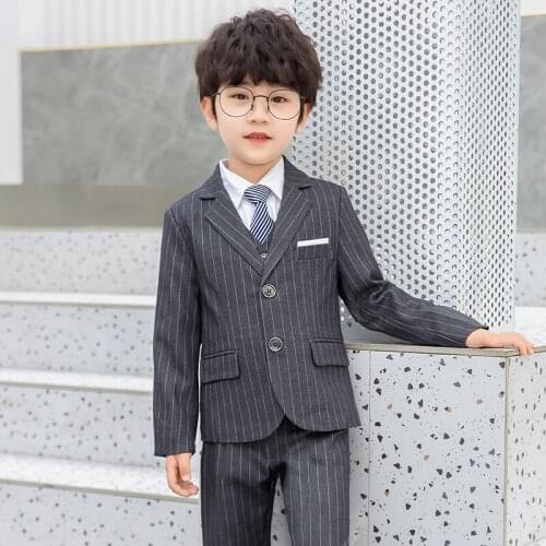 Kids Formal Stripe Jacket+Vest Pants Bowtie 4pcs Wedding Suit Flower Boys Birthday Dress Children Gentleman Party Costume