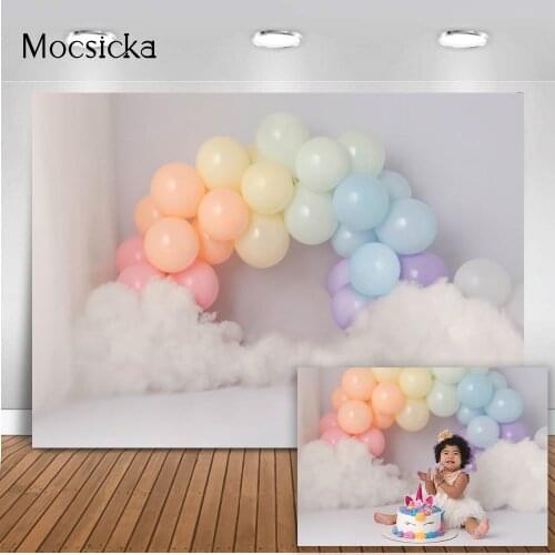 Cake Smash birthday backdrop colorful balloons newborn kids portrait photo background white clouds cake table banner baby shower