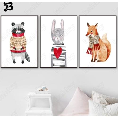 Canvas Painting for Living Room Cartoon Animals Wall Art Cute Raccoon Rabbit Fox Posters and Prints for Baby Room Decoration
