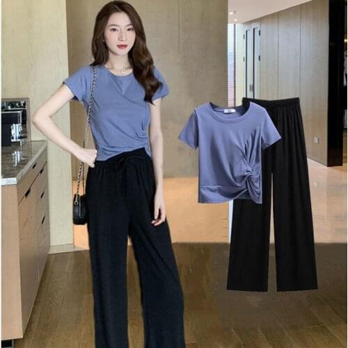 Two-piece Womens Summer New Fashion Straight Wide-leg Pants Two-piece Korean Cotton Short-sleeved T-shirt