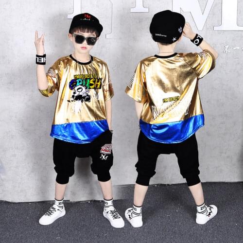 Gold Silver kids Jazz Clothing set dancing Bling Sequined Girls Boys Hip Hop Summer Show Outfits For 6 8 10 12 14 Years
