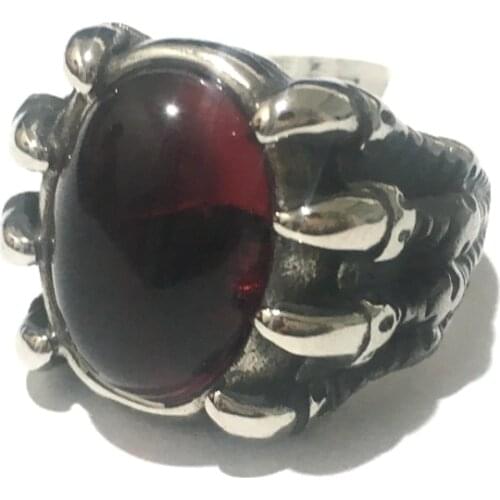 Cool Fashion Punk Style Mens Stainless Steel Ring Gothic Dragon Claw Design with Red Stone Size 7-13