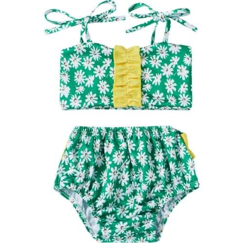 Summer Baby Girls Bikini Sets Ruffles Strapless Sunflowers Print Tops Shorts Beachwear Swimwear