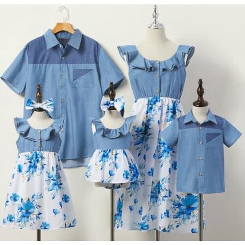 Summer Mother Daughter Clothes Floral Print Patchwork Shirt Dress Father Son Shirt Kids Parent Family Matching Outfits