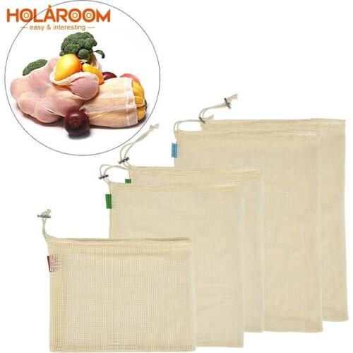 Reusable Fruits And Vegetables Storage Mesh Bag Kitchen Storage Bags With Drawstring Eco-friendly Shopping Bag Bundle Pocket