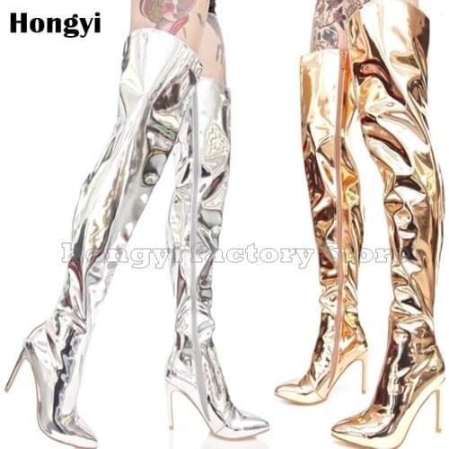 Fashion Desiger Bright Pu Leather Gold Silvery Pointed Toe Thin High Heel Over The Knee Boots Women Designer Thigh High Booty