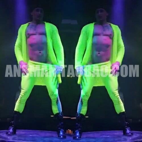 Bar nightclub gogo show male fluorescent green muscle masculine leggings jacket performance clothing suit