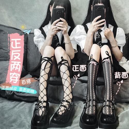 2021 Sexy Socks Womens Sexy Japanese Hollow Sweet Bow Knot Cross Straps Tube Socks Lace JK Calf Socks Lolita Net Stockings