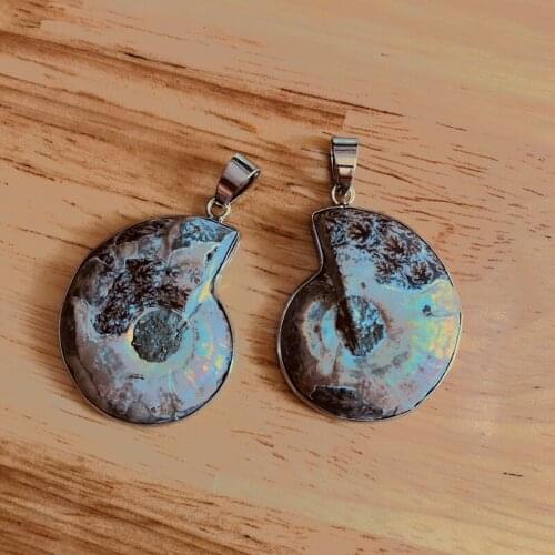 Wholesale 2pcs of Natural Rainbow Ammonite Fossils Pendant Gem stone Ammolite Pendants for jewelry making