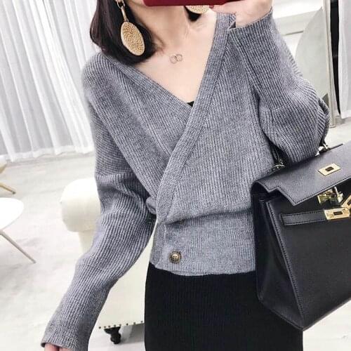 2019 Autumn Women Cross Knitted Sweater And Cardigans Korean Fashion Style Elegant Female Sweaters