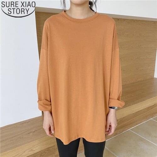 Autumn Women T-shirt Korean Style Plus Size Loose Split T Shirt O-neck Solid Bottoming Long Sleeve Casual Tops Tees Shirts 10088