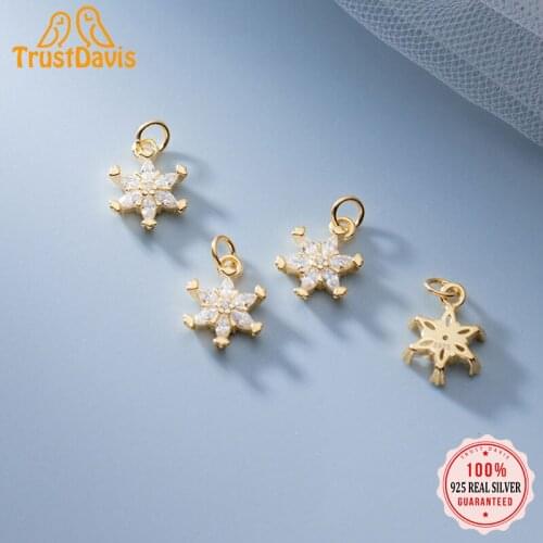TrustDavis 2021 Fashion Real 925 Sterling Silver Sweet Snowflake Shiny CZ Charm Pendant Handmade DIY Accessories Wholesale DZ68