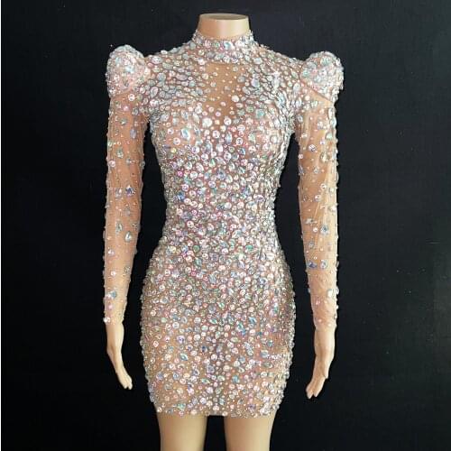 AB Rhinestones Transparent Colorful Dress Dancer Prom Performance Sexy Outfit Evening Birthday Celebrate Big Stones Dresses