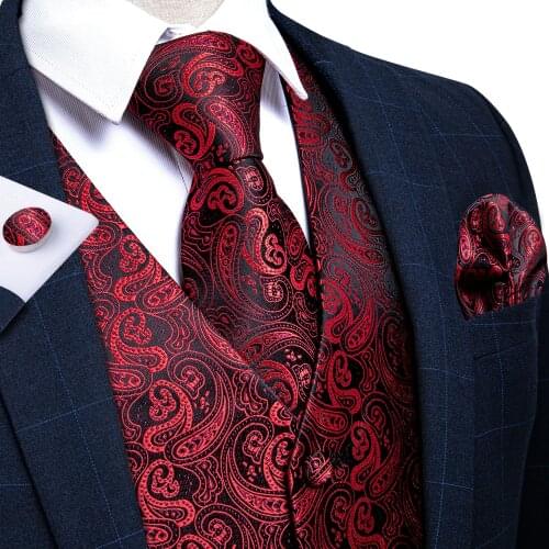 Luxury Red Paisley 100% Silk Formal Dress Vest Neck Tie Set Mens Wedding Party Vest Sleeveless Formal Business Jacket DiBanGu