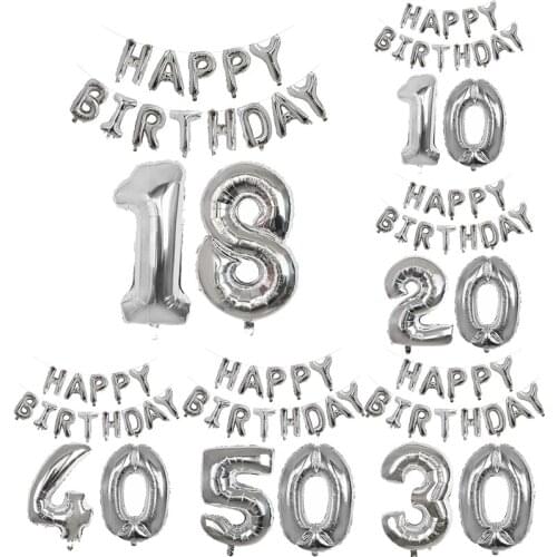 15pcs 16inch Silver Number Letter Foil Balloons Happy Birthday Party Decor 18 20 30 40 50th Adult Birthday Party Ballon globos