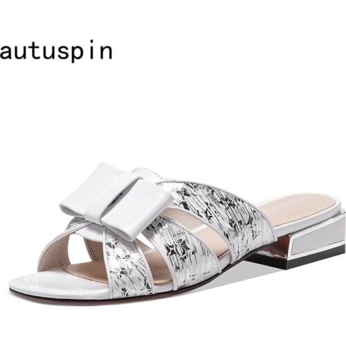 Summer Genuine Leather Slippers Women Fashion Peep Toe Thick Heel Sandals 2020 Female Classics Bow Tie Casual Shoes Woman White