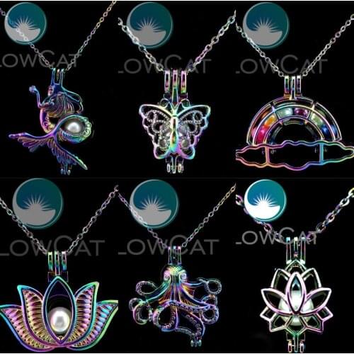 Vintage Sea Mermaid Butterfly Pendant Cage Necklaces Diy Rainbow Lotus Flowers Chain Torque Essential Oil Women Gift Jewelry Diy