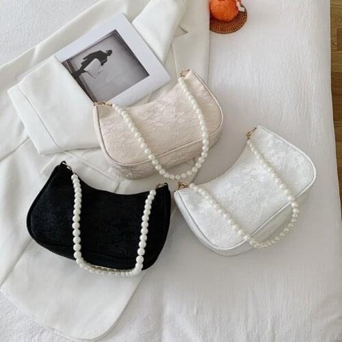 Vintage Women Jacquard Lace Flower Shoulder Underarm Bags Casual Ladies Pearl Chain Top-handle Handbags Solid Color Small Purses