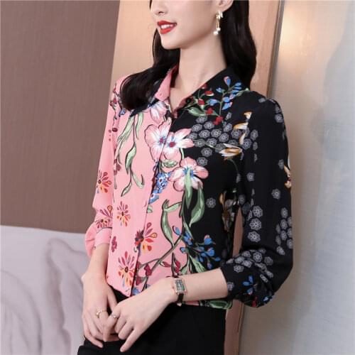 Silk Satin Loose Womens Shirts New Fashion Blouses Casual Long Sleeve Blusas Printing Polo Collar Shirts Autumn Houthion