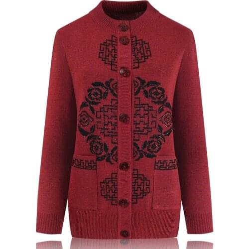 Women Sweater Wear Round Neck Single Breasted Middle-aged Mom Knit Sweater Ladies Cardigan Jacket Casual Sweater Coat Chinatown