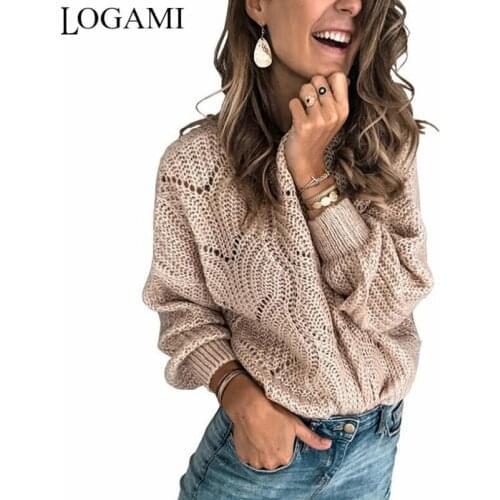 LOGAMI Hollow Out Long Sleeve Sweater Women O Neck Mohair Pullover Female Casual Sweaters