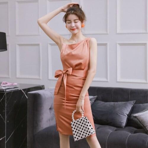Sheer OL Office Work Dress Woman One Shoulder Zipper Runway Dress 2020 Pink Wrap Bandage Bodycon Korean Dress Woman Dropshipping