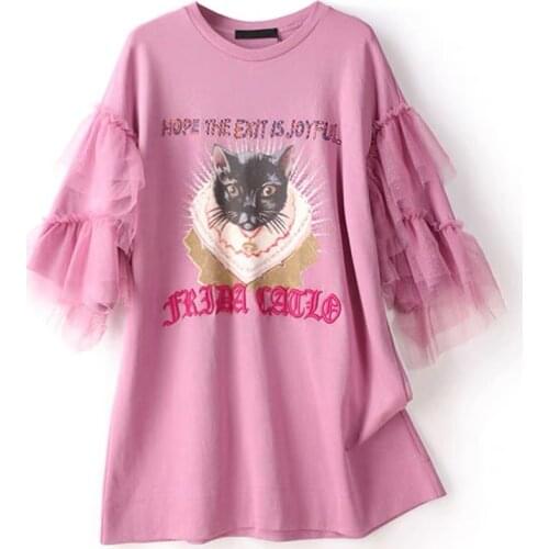 Pink dress Korean fashion women cat print lace patchwork ruffles sleeve high quality cotton dress plus size