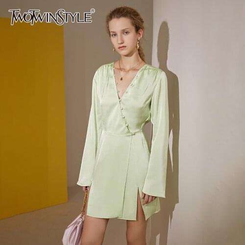 TWOTWINSTYLE Vintage Patchwork Split Dress For Women V Neck Long Sleeve High Waist Tunic A Line Mini Dresses Female 2021 Stylish