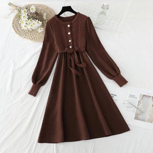 Elegant Knit Patchwork Midi Dress Women 2021 Autumn Winter Fashion Long Sleeve Buttons Corduroy Dress Bow Ladies Bandage Dress