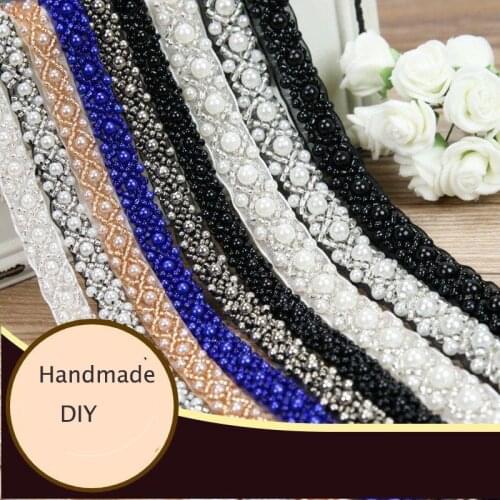 3Yards=2.7Meters Pearl Beaded Embroidered Rhinestones Applique Braided Lace Ribbon Trim For Wedding Dress 5-119