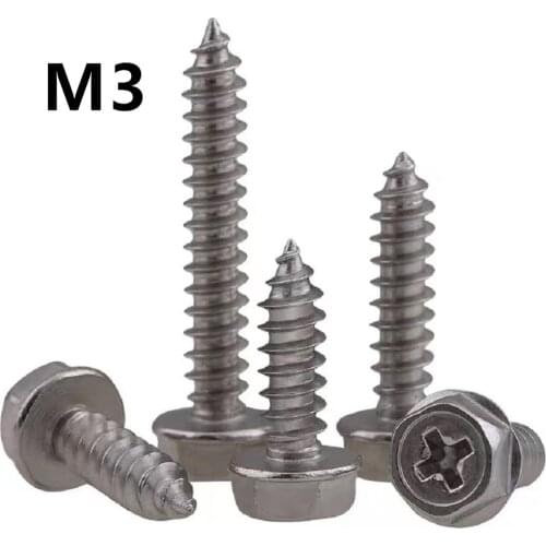 50PCS M3x6/8/20mm Stainless Steel Cross External Hex Flange Self Tapping Screw with pad Hexagon Head with Collar Tapping Screws