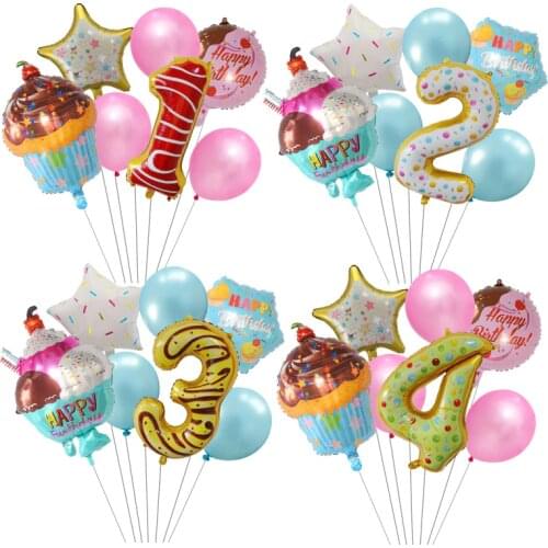 7Pcs Donut Happy Birthday Party Chocolate Cake Dessert Aluminum Balloon Childrens Party Decoration Number Balls Baby Shower Toy