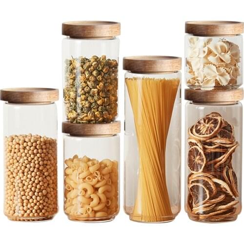 2/4pcs 750 1000 1700ml Airtight Wood Lid High Borosilicate Glass Storage Jar Pasta Rice Food Canister Glass Bottle Pasta Rice