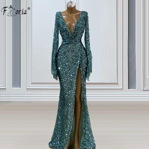 Glitter Sequin Blue Mermaid Prom Dresses With High Split Women Wedding Party Gowns Dubai Formal Evening Dress Plus Size